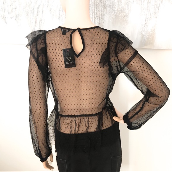 Guess Sheer Black Mesh Top w Floral Embroidery - Picture 2 of 9